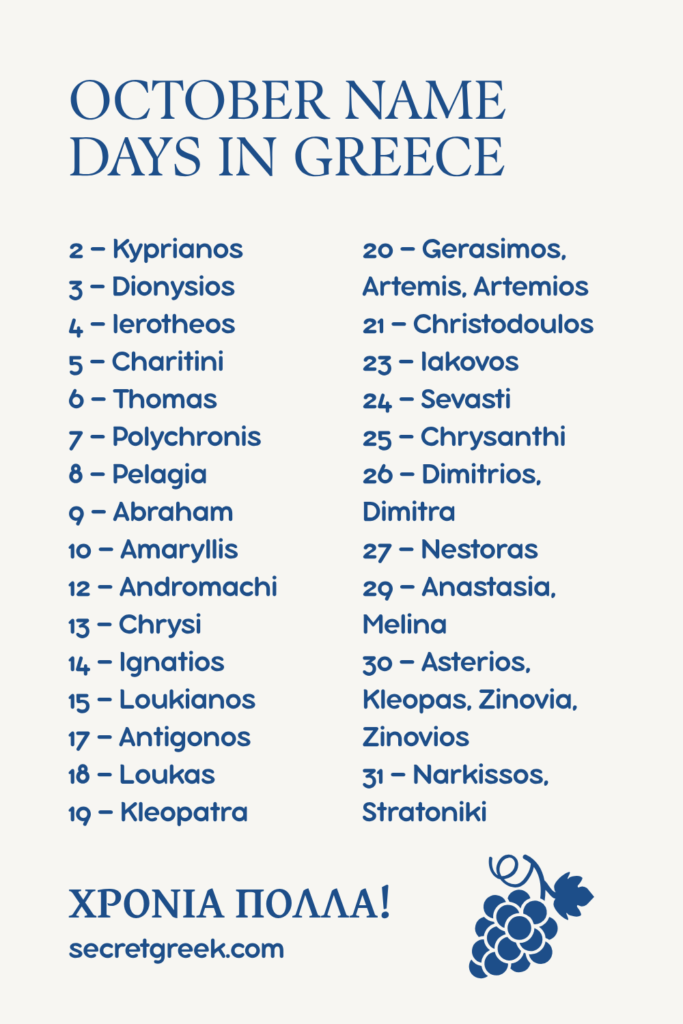 OCTOBER NAME DAYS IN GREECE
